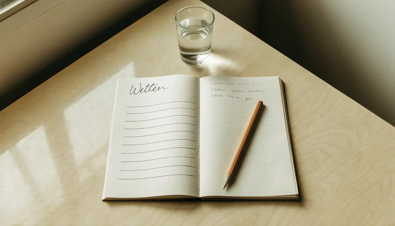 Ein Notizbuch und ein Bleistift liegen neben einem Glas Wasser auf einem hellen Tisch.
