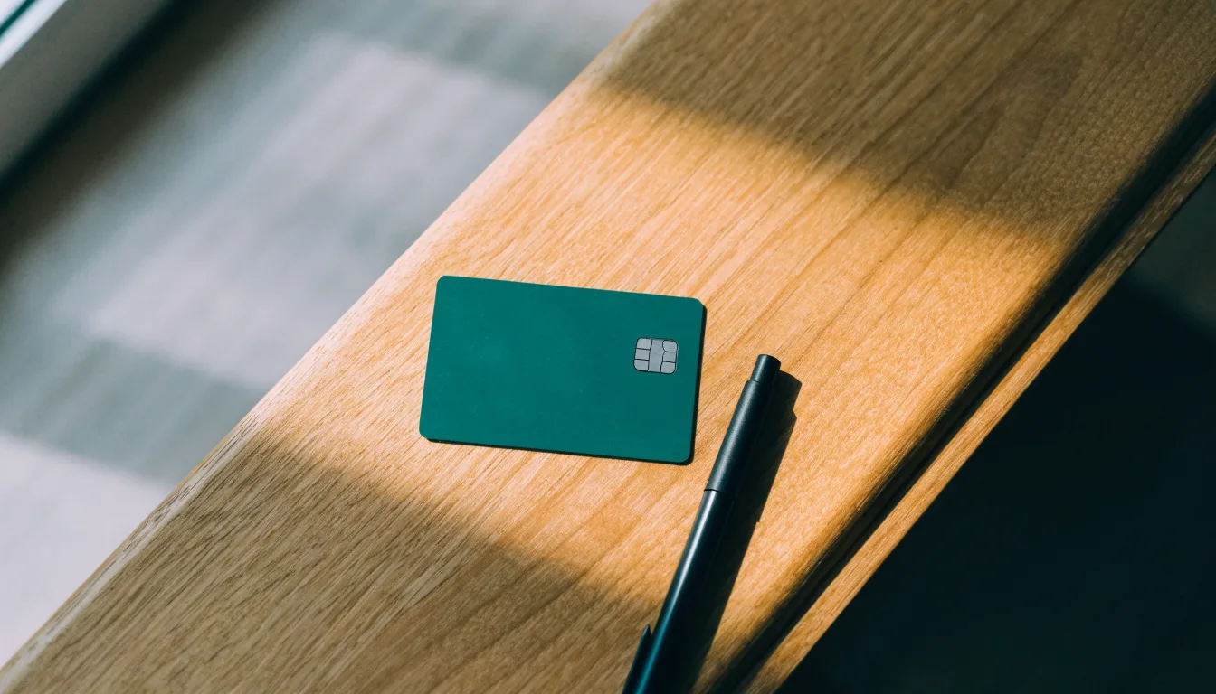 Eine Bankkarte ohne Aufdruck liegt neben einem Kugelschreiber auf einer Arbeitsplatte aus hellem Holz.