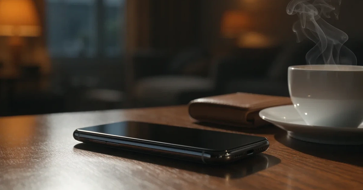 Ein Smartphone mit dunklem Display liegt auf einem Tisch neben einer Geldbörse und einer Tasse Kaffee.