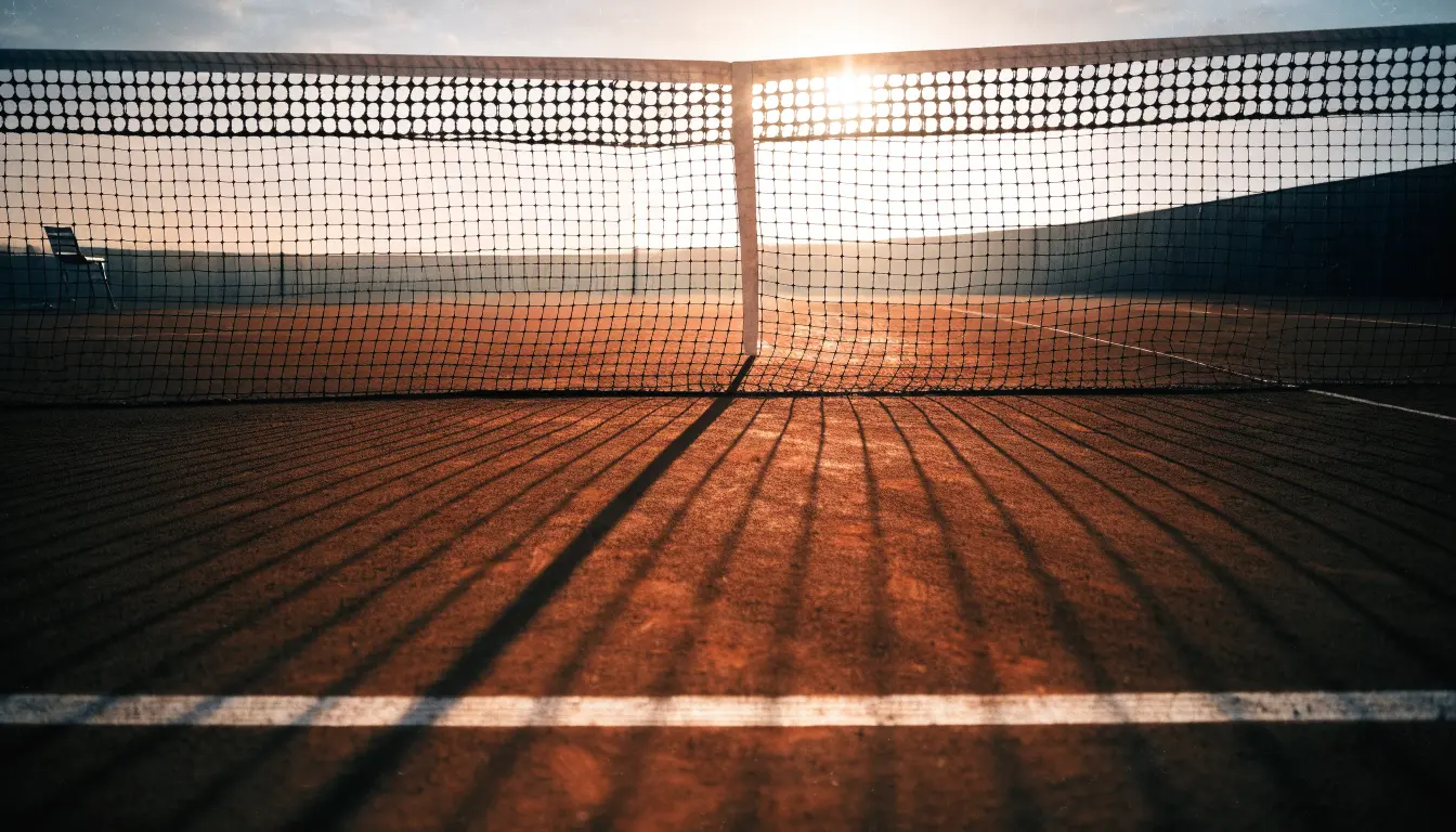 Ein Tennisplatz aus Sand bei Sonnenaufgang, das Netz im Gegenlicht, kein Mensch zu sehen.