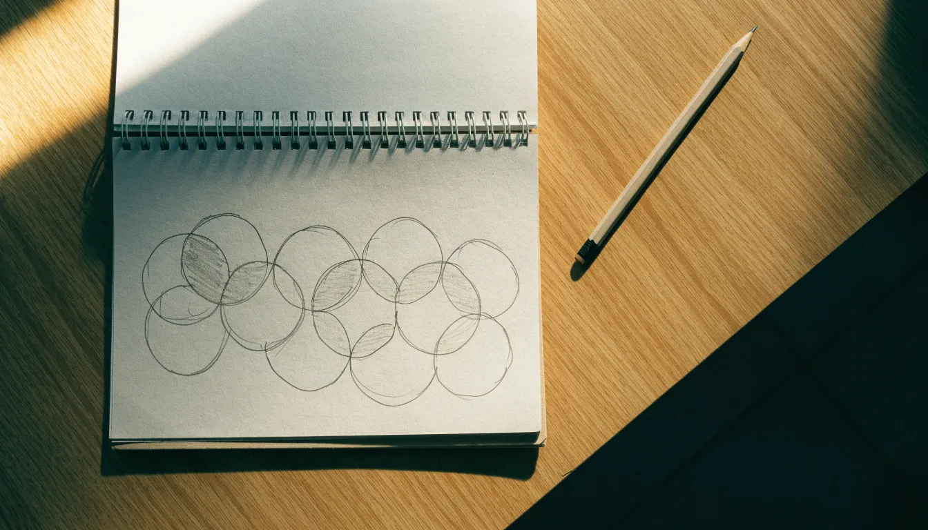 Ein Notizbuch mit handgezeichneten Knoten und Linien liegt neben einem Bleistift auf einem Schreibtisch.