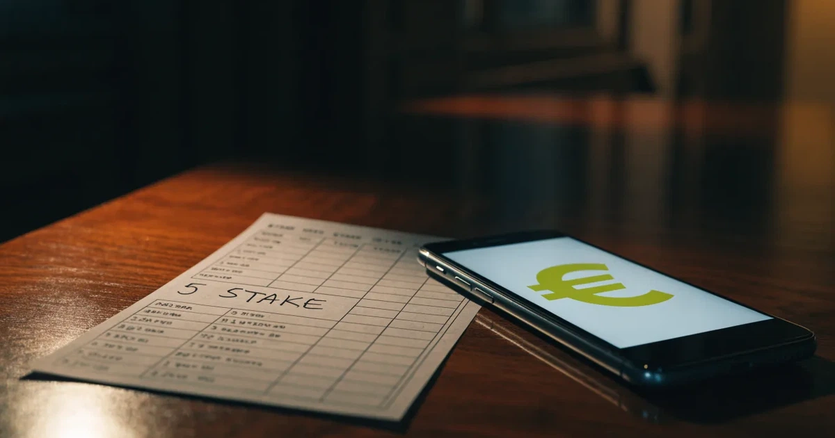 Eine einzelne goldfarbene Münze ohne Prägung liegt auf einem dunklen Tisch, daneben ein ausgeschaltetes Smartphone.
