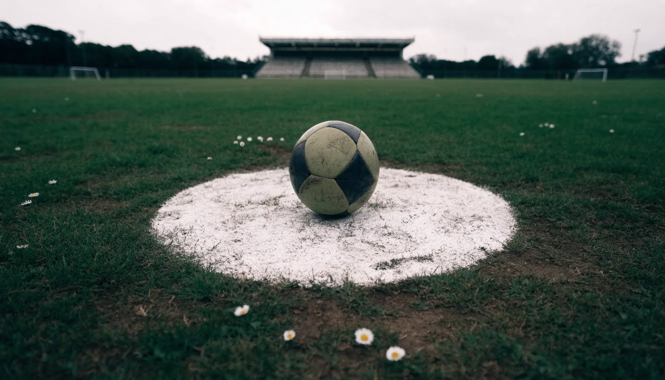 Ein Fußball liegt auf dem Anstoßpunkt eines leeren Rasenplatzes, im Hintergrund eine ruhige Tribüne unter bedecktem Himmel.