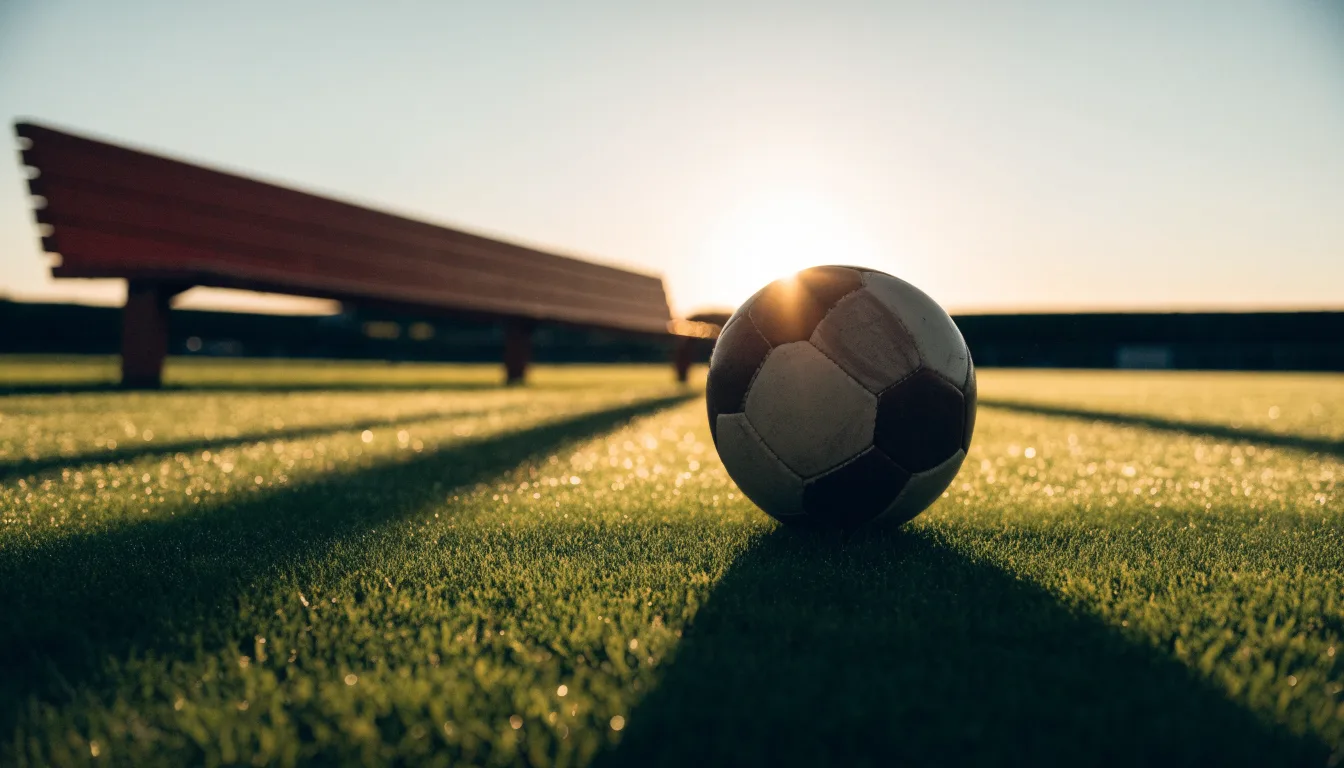 Ein Fußball auf einem Rasenplatz im Gegenlicht der tiefstehenden Sonne, am Spielfeldrand eine leere Ersatzbank.