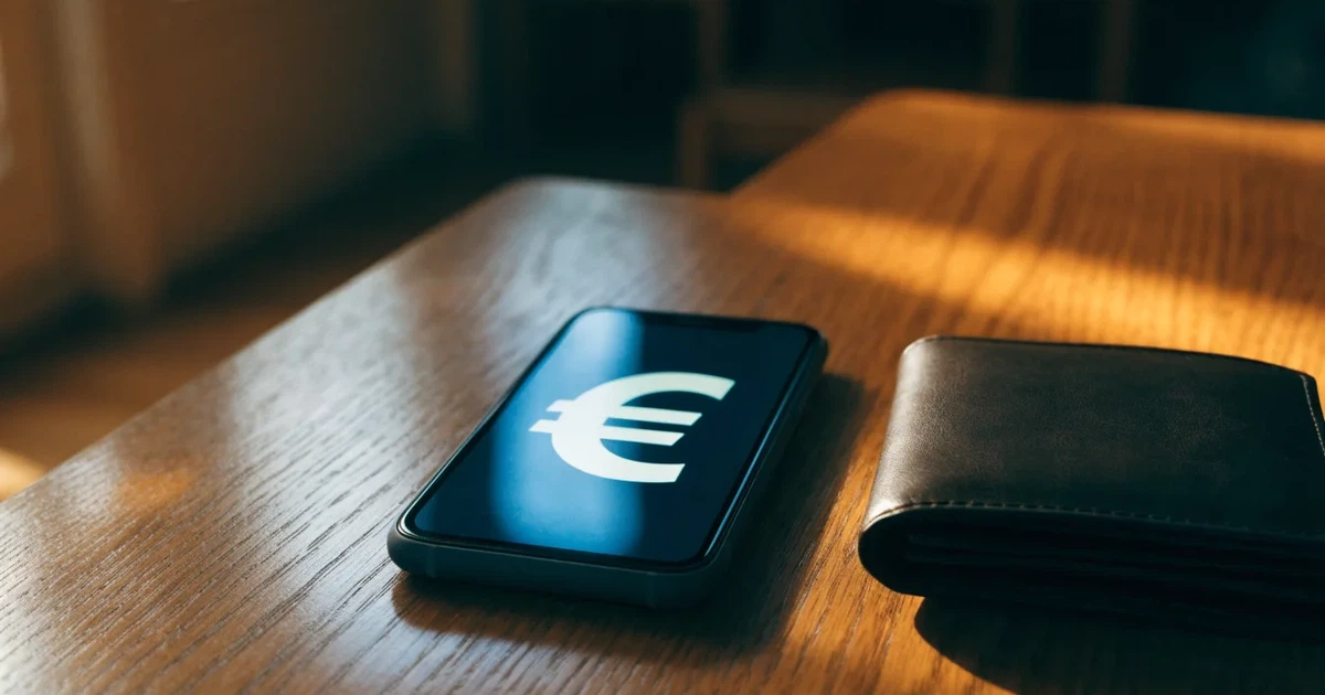 Ein Smartphone mit dunklem Bildschirm liegt neben einer Geldbörse und wenigen Münzen auf einem Holztisch im weichen Fensterlicht.
