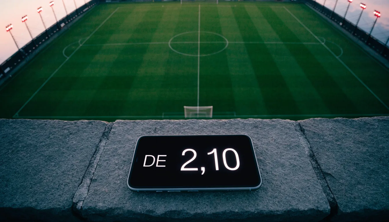 Ein Fußballplatz am Abend aus der Vogelperspektive, Flutlichtmasten ausgeschaltet, die Rasenlinien deutlich sichtbar.