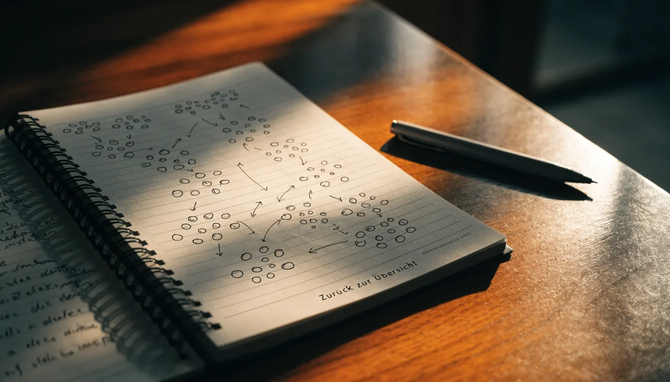 Ein Notizbuch mit handgezeichneten Pfeilen und Kreisen liegt neben einem Kugelschreiber auf einem Schreibtisch im Abendlicht.