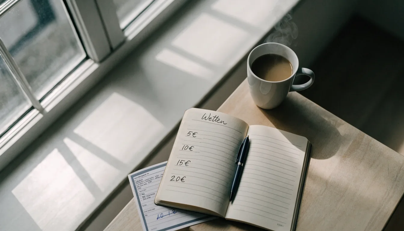 Eine Tasse Kaffee, ein Kugelschreiber und ein aufgeschlagenes leeres Notizbuch auf einem Küchentisch am Fenster.
