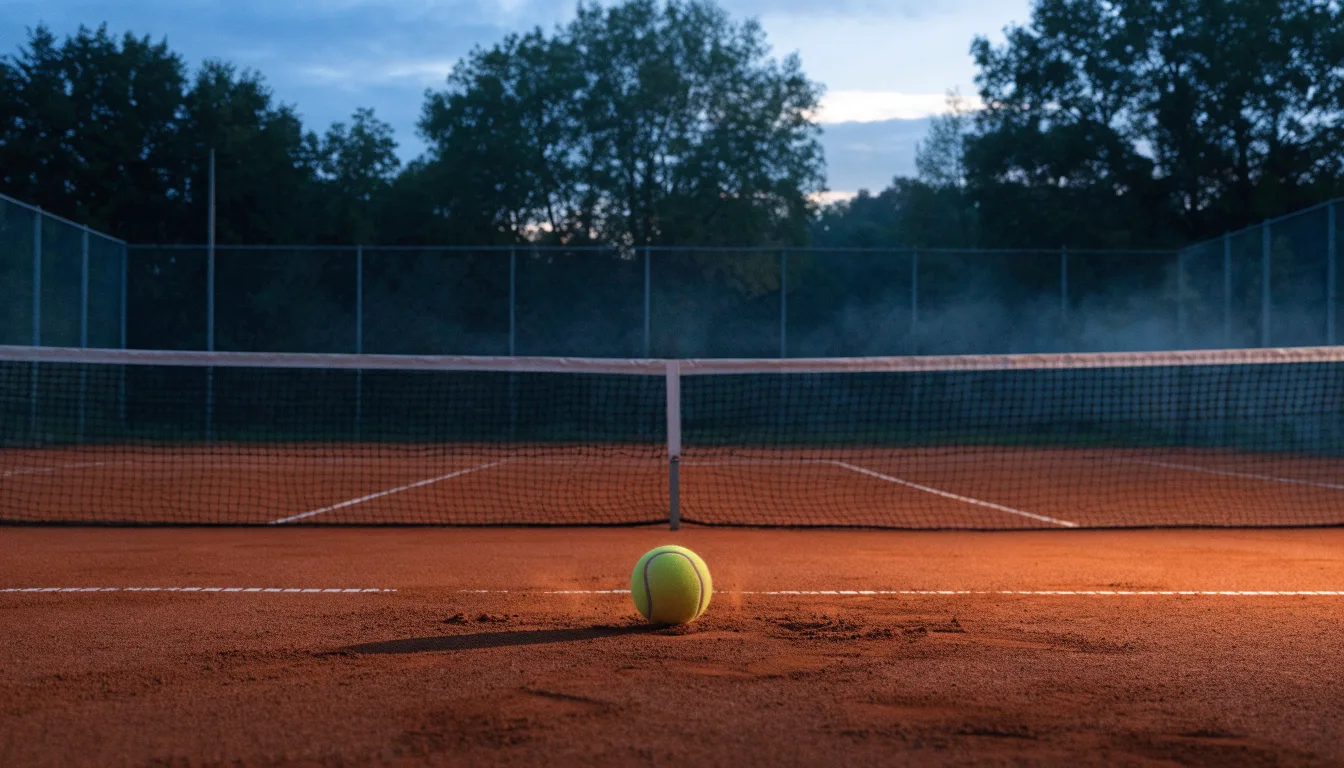 Ein Tennisplatz in der Dämmerung, Netz und Linien im Zwielicht, ohne Menschen und mit ruhigem Himmel.