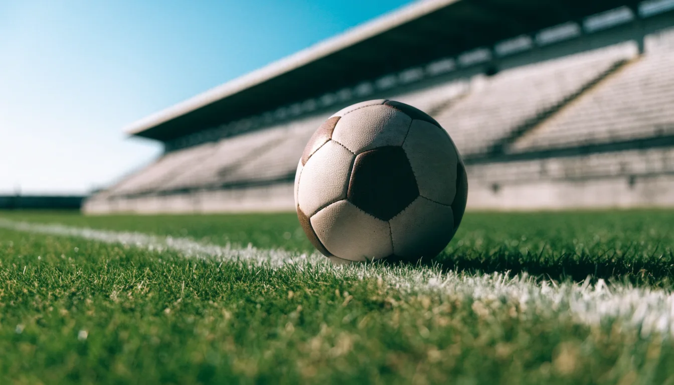 Ein Fußball liegt am Spielfeldrand eines Rasenplatzes, im Hintergrund eine leere Tribüne unter hellem Himmel.