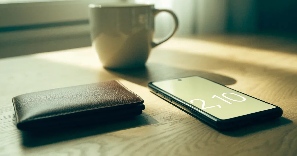 Ein Smartphone mit dunklem Bildschirm liegt auf einem Holztisch neben einem Portemonnaie und einer Kaffeetasse im Fensterlicht.