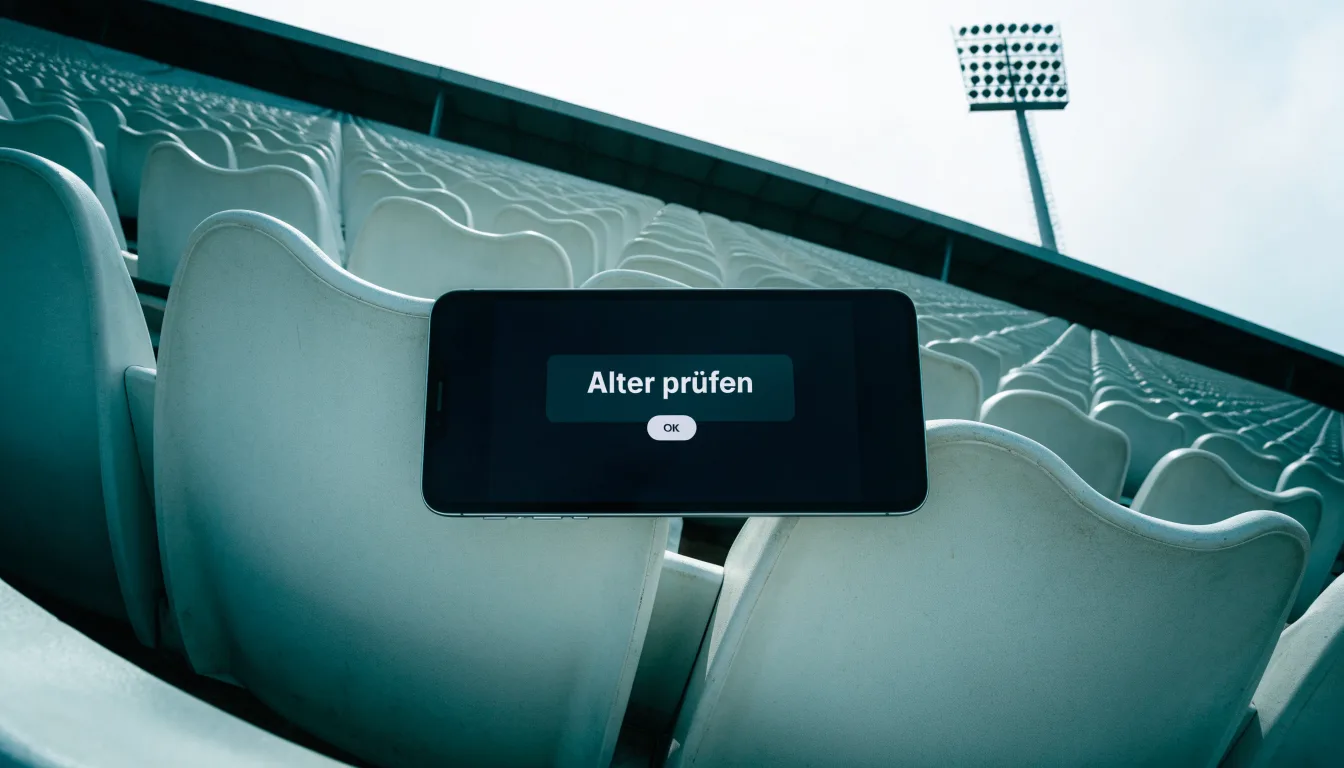 Eine leere Tribüne eines Fußballstadions bei Tageslicht, Sitzschalen in Reihen und dahinter ein Flutlichtmast.