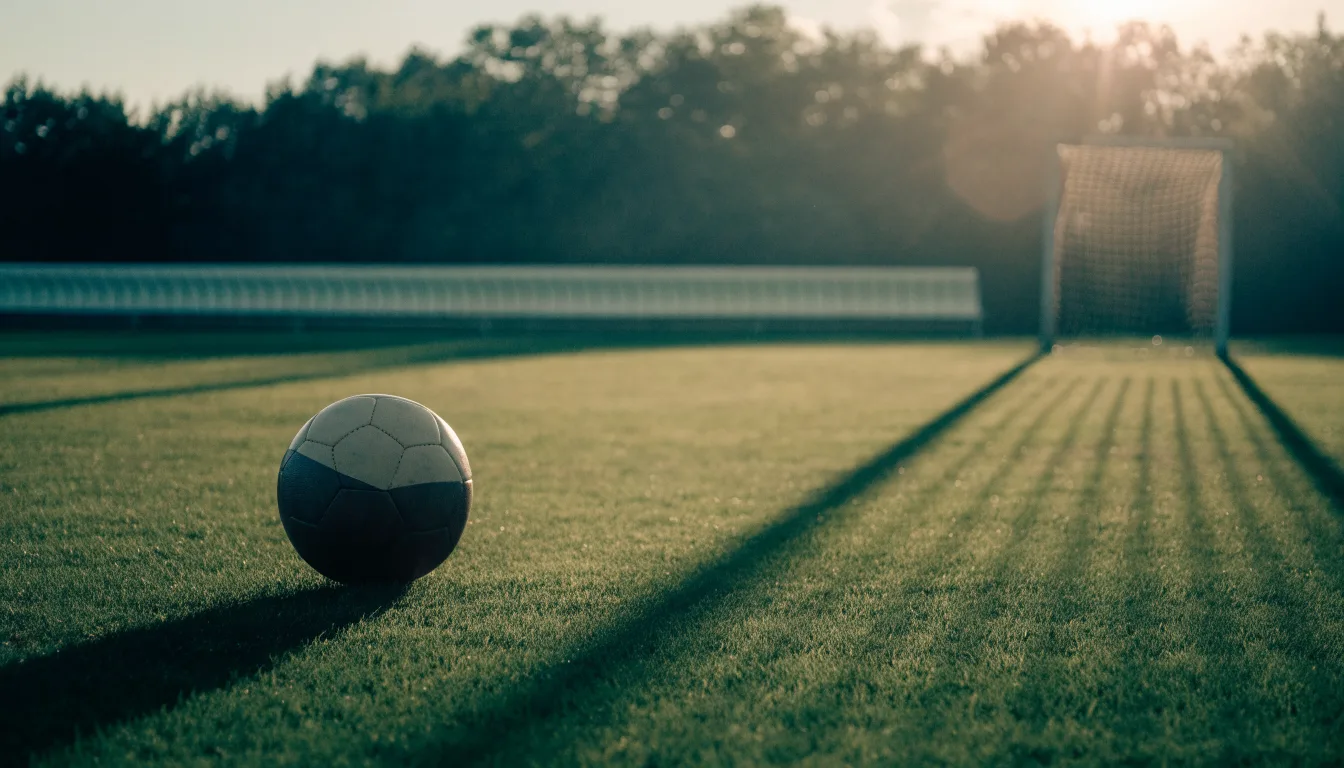 Ein Fußball auf einem Rasenplatz im Gegenlicht der tiefstehenden Sonne, am Rand eine leere Ersatzbank.