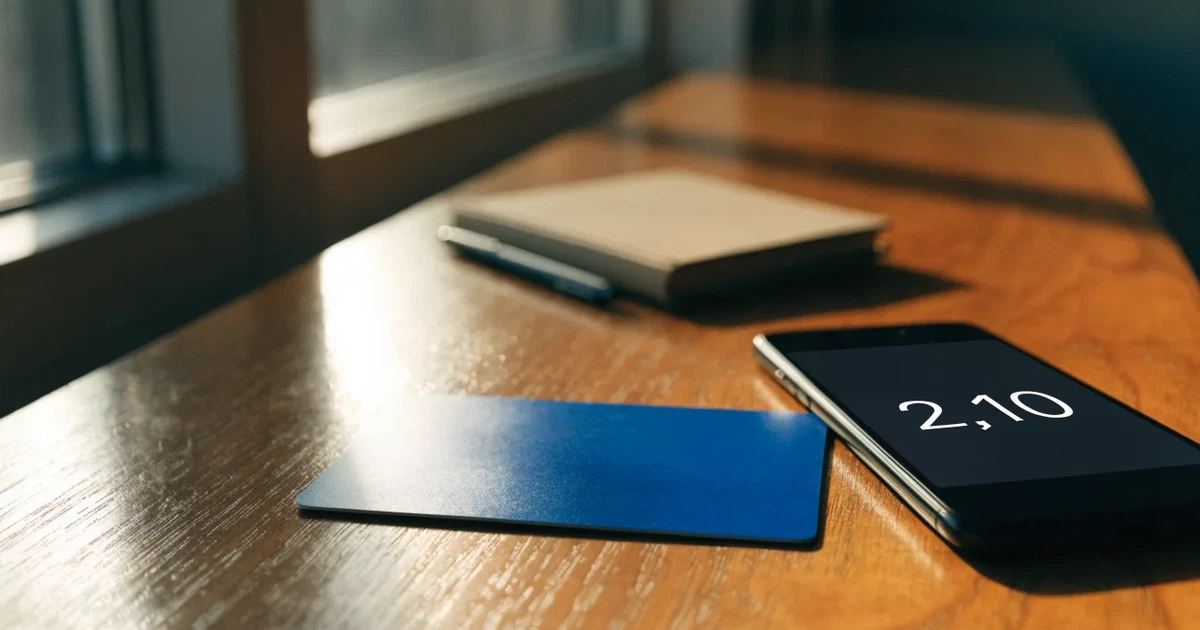 Eine Plastikkarte ohne Aufdruck liegt auf einem Holztisch neben einem Smartphone mit dunklem Bildschirm und einem Notizbuch.