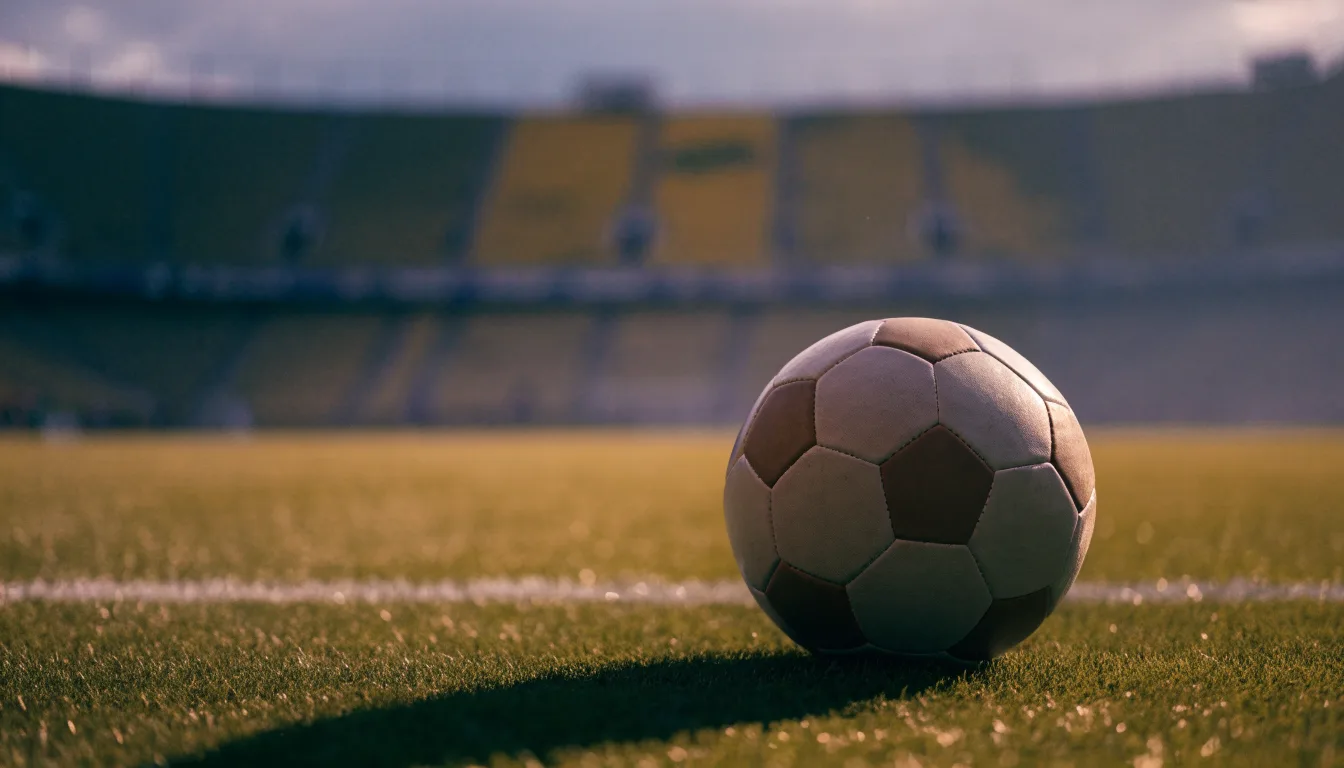 Ein Fußball auf einem Rasen, im Hintergrund ein leeres Stadion bei bewölktem Himmel.