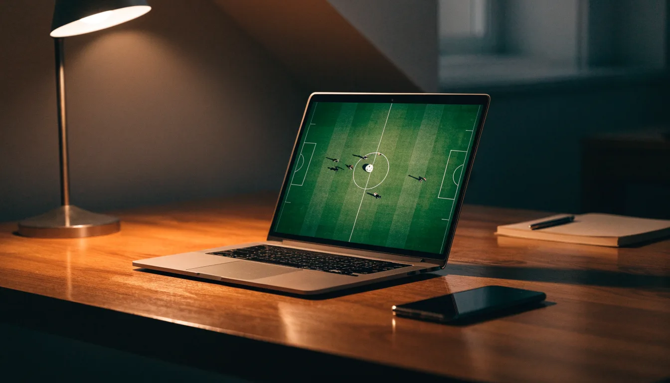 Ein Schreibtisch mit Lampe und geschlossenem Laptop in einem ruhigen Büro bei Abendlicht.