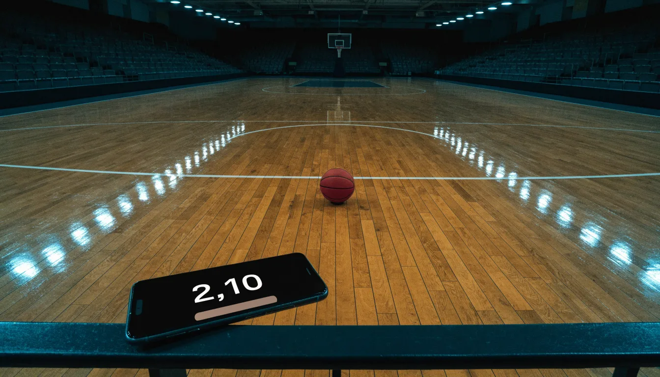 Ein Basketballfeld in einer leeren Halle, das Parkett spiegelt das Deckenlicht.