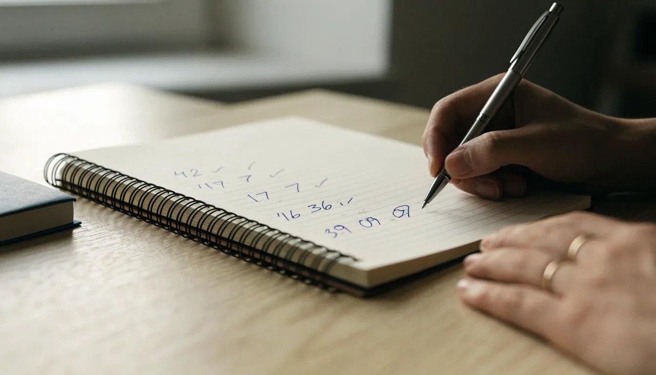 Ein Taschenrechner und ein Notizbuch mit handschriftlichen Zahlenreihen auf einem Schreibtisch neben einem Kugelschreiber.