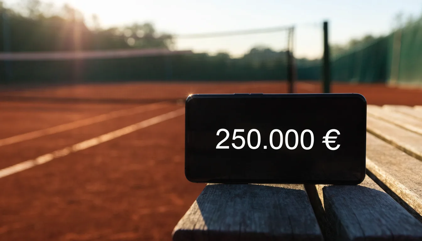 Ein Tennisplatz bei Sonnenaufgang, Netz und Linien im Streiflicht, ohne Menschen.
