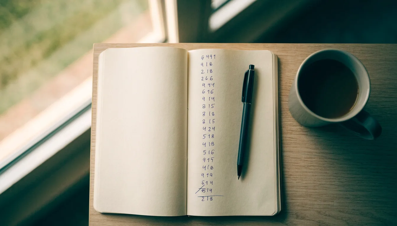 Ein aufgeschlagenes leeres Notizbuch mit Kugelschreiber neben einer Tasse Kaffee auf einem Tisch am Fenster.