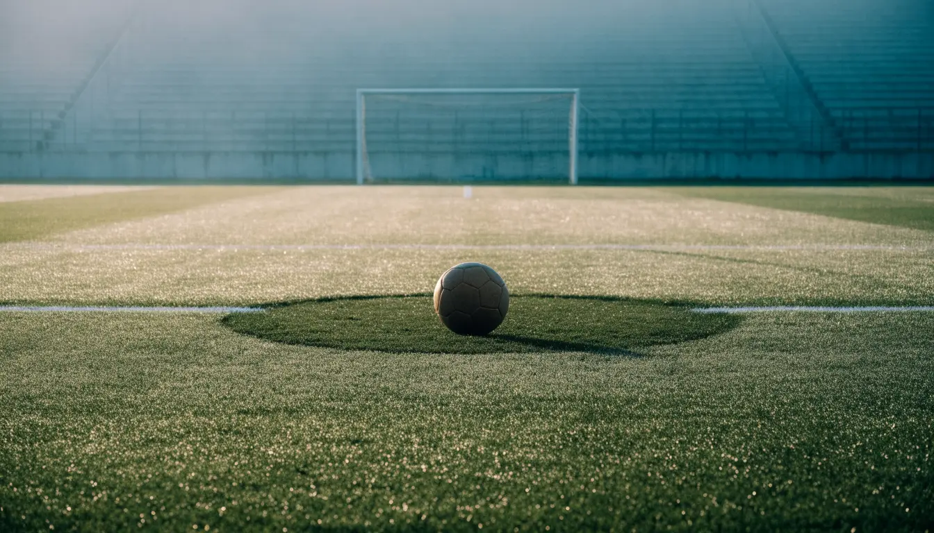 Ein Fußball liegt auf dem Anstoßpunkt eines leeren Rasenplatzes, im Hintergrund hängt Morgendunst über den Tribünen.