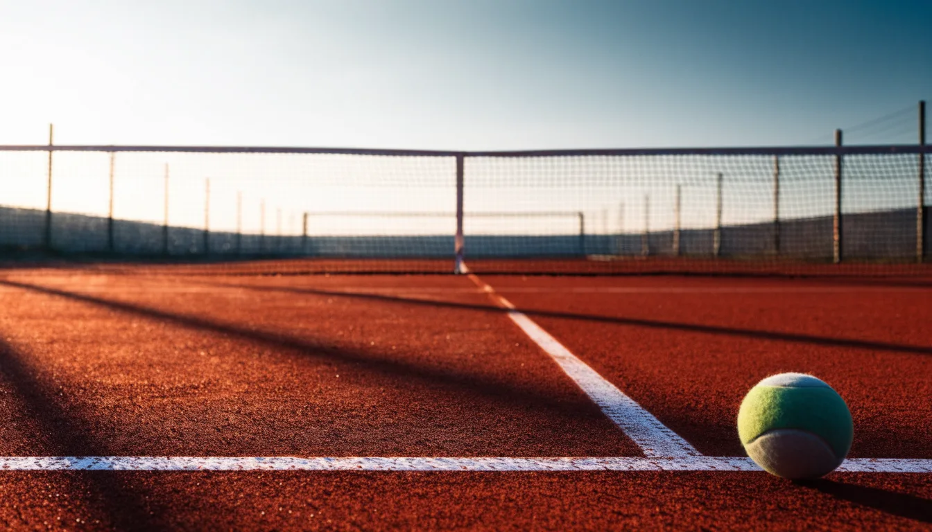 Ein Tennisplatz bei Sonnenaufgang, die Linien noch taufeucht, ein einzelner Ball liegt an der Grundlinie.
