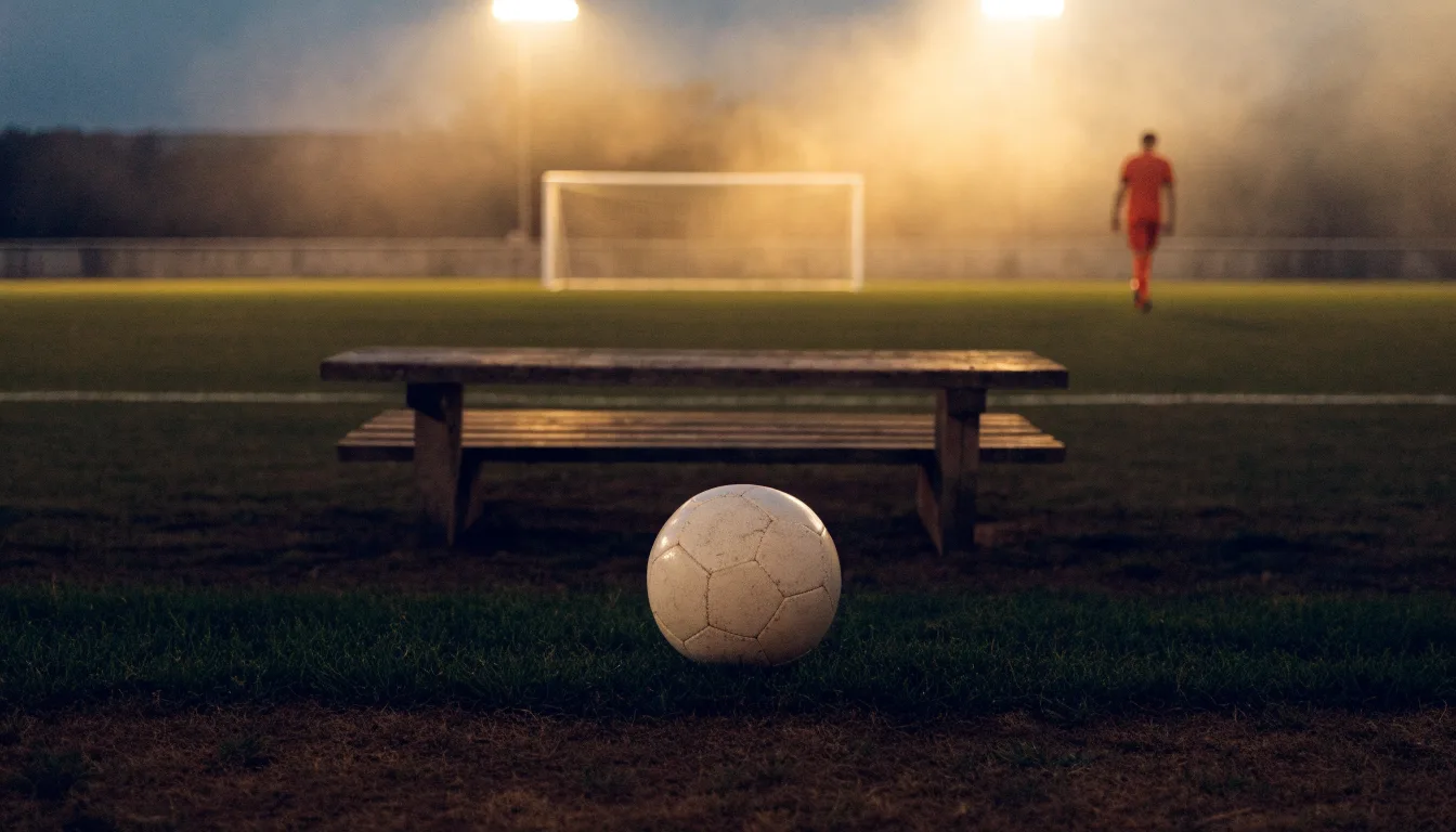 Ein Fußball liegt im Gras am Spielfeldrand, dahinter eine leere Bank und ein Tor im Gegenlicht.