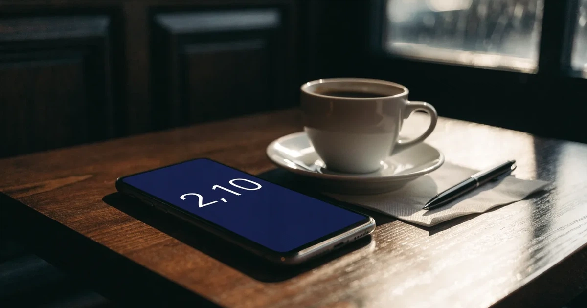 Ein Smartphone liegt mit dunklem Display auf einem Café-Tisch neben einer Tasse Kaffee und einem Kugelschreiber.