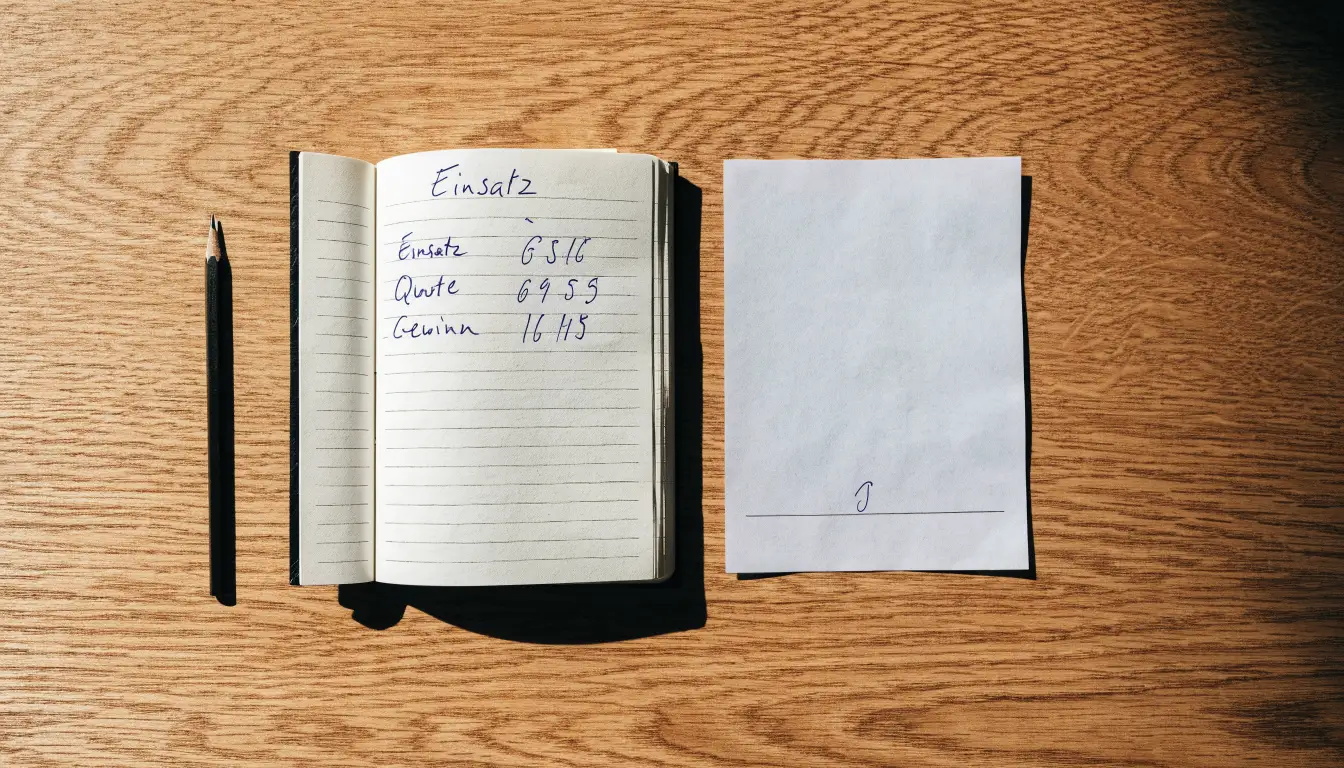 Ein Notizbuch mit handschriftlichen Notizen liegt aufgeschlagen neben einem leeren Papier-Wettschein auf einem Holztisch.