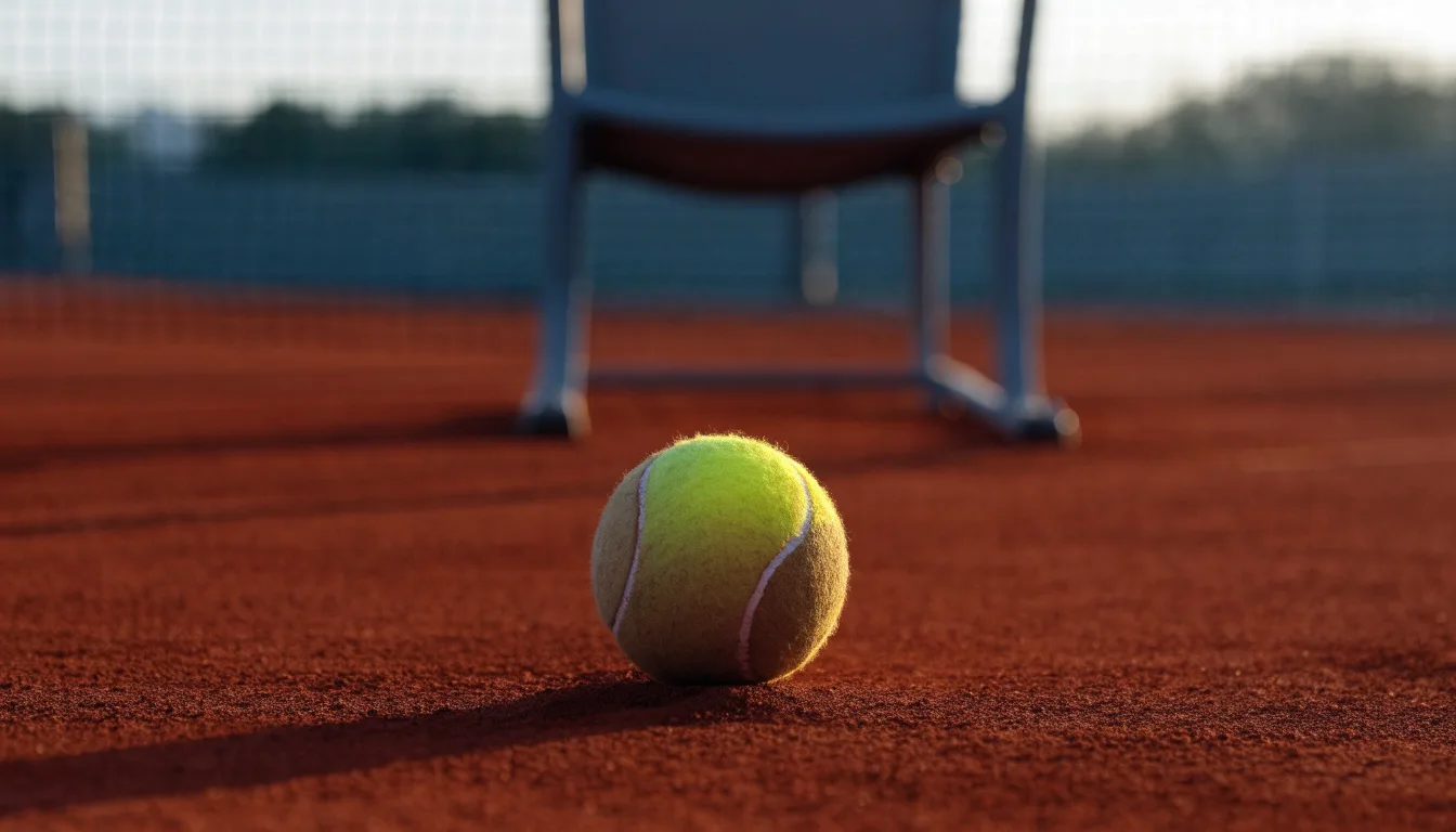Ein Tennisball liegt auf einem roten Sandplatz bei Sonnenaufgang, im Hintergrund ein leerer Schiedsrichterstuhl.