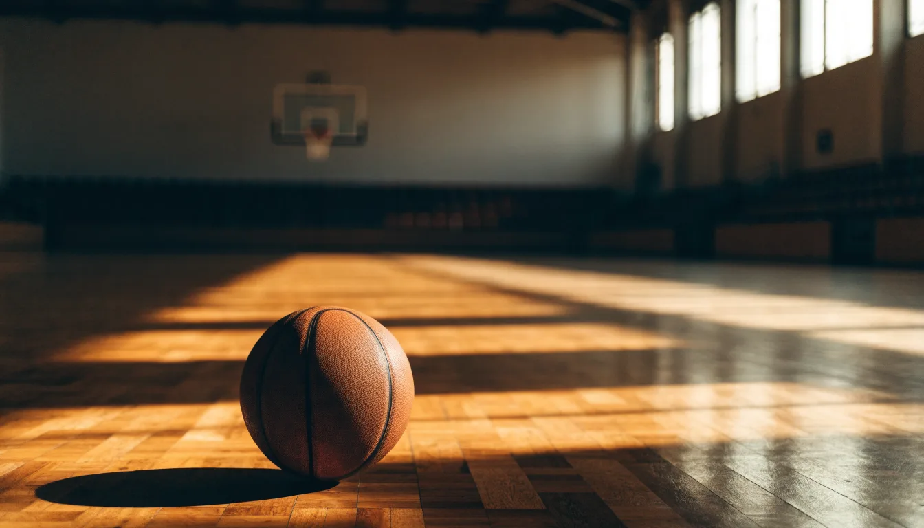 Ein Basketball liegt auf dem Parkett einer leeren Halle, Licht fällt durch hohe Fenster.