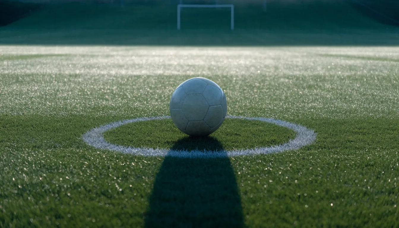 Ein Fußball liegt auf dem Anstoßkreis eines leeren Rasenplatzes im frühen Morgenlicht.