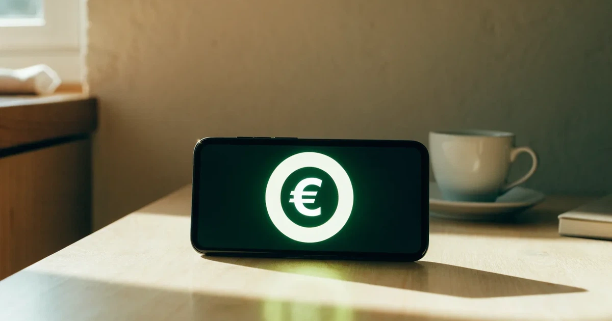 Ein Smartphone mit dunklem Display liegt neben einer Kaffeetasse und einem Notizbuch auf einem Küchentisch.