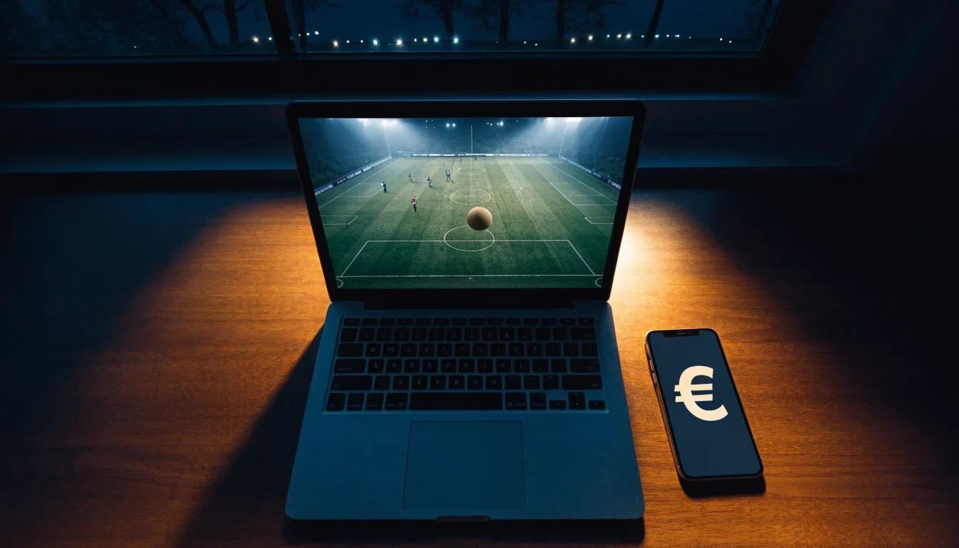 Ein Stadion unter Flutlicht aus großer Entfernung, davor die Silhouetten von Bäumen im Abendhimmel.