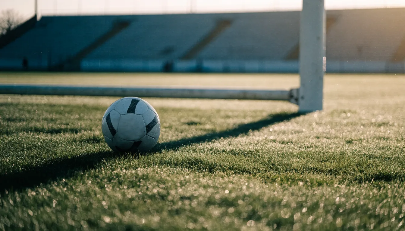 Ein Fußball auf dem Rasen vor einem leeren Tor im frühen Morgenlicht.
