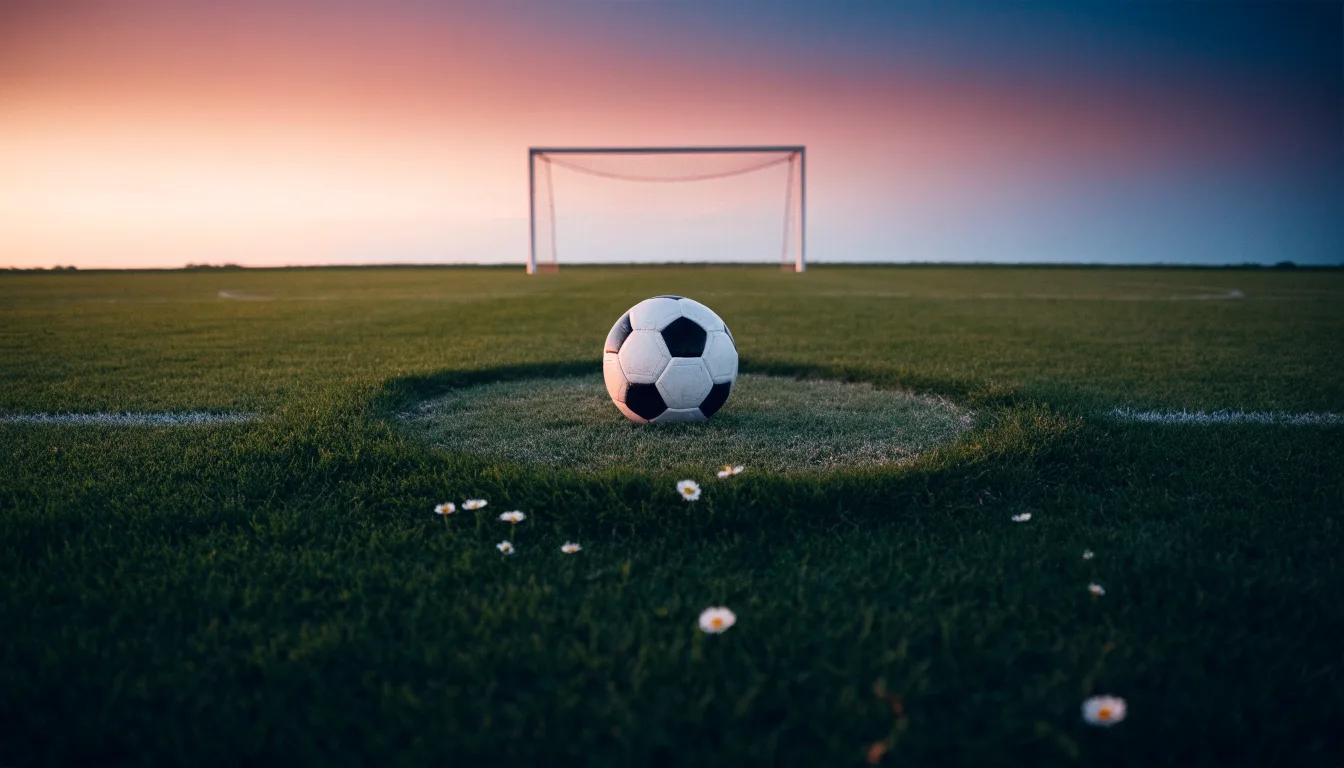 Ein Fußball liegt in der Mitte eines leeren Rasenplatzes, am Horizont färbt sich der Himmel orange.