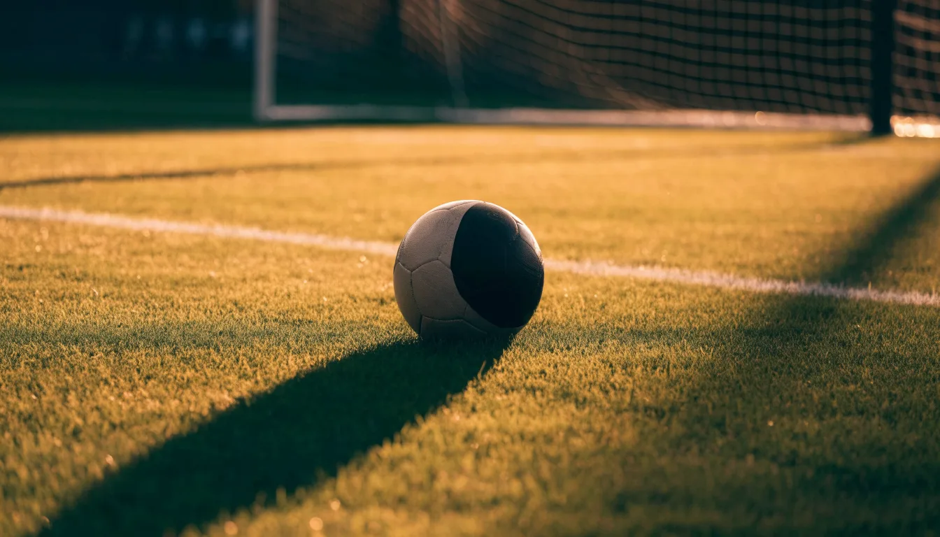 Ein Fußball liegt im Strafraum eines leeren Platzes, dahinter die Netze des Tores im Abendlicht.