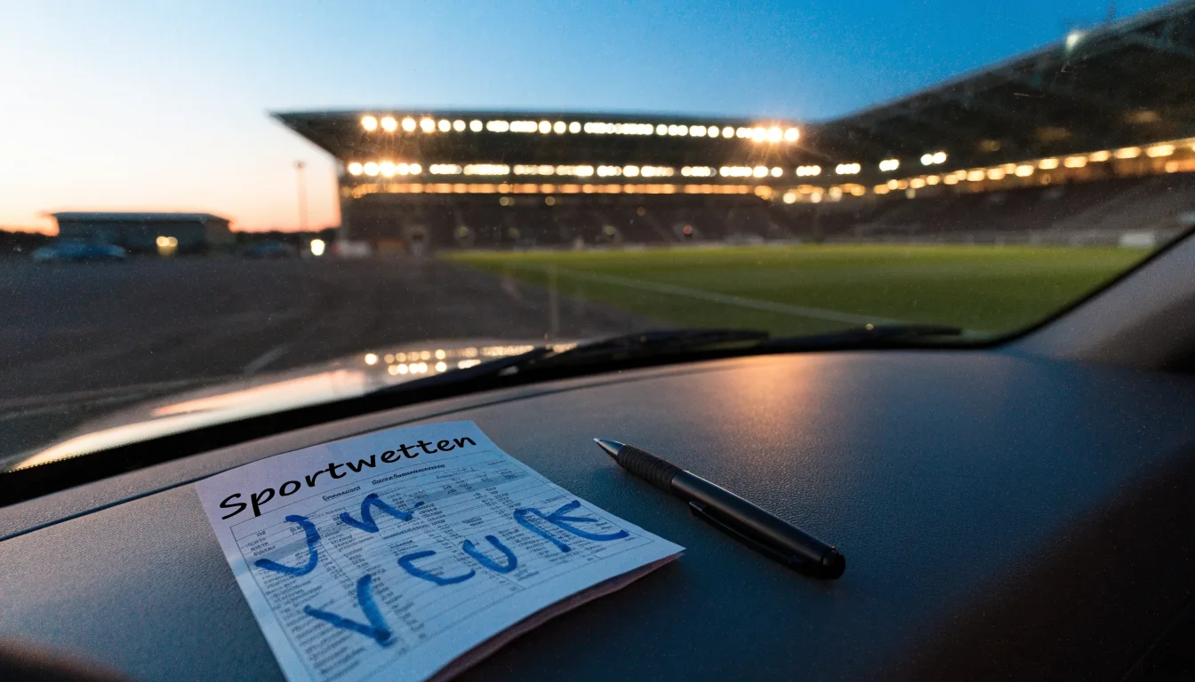 Ein Stadion unter Flutlicht aus großer Entfernung bei Einbruch der Dunkelheit, davor ein stiller Parkplatz.