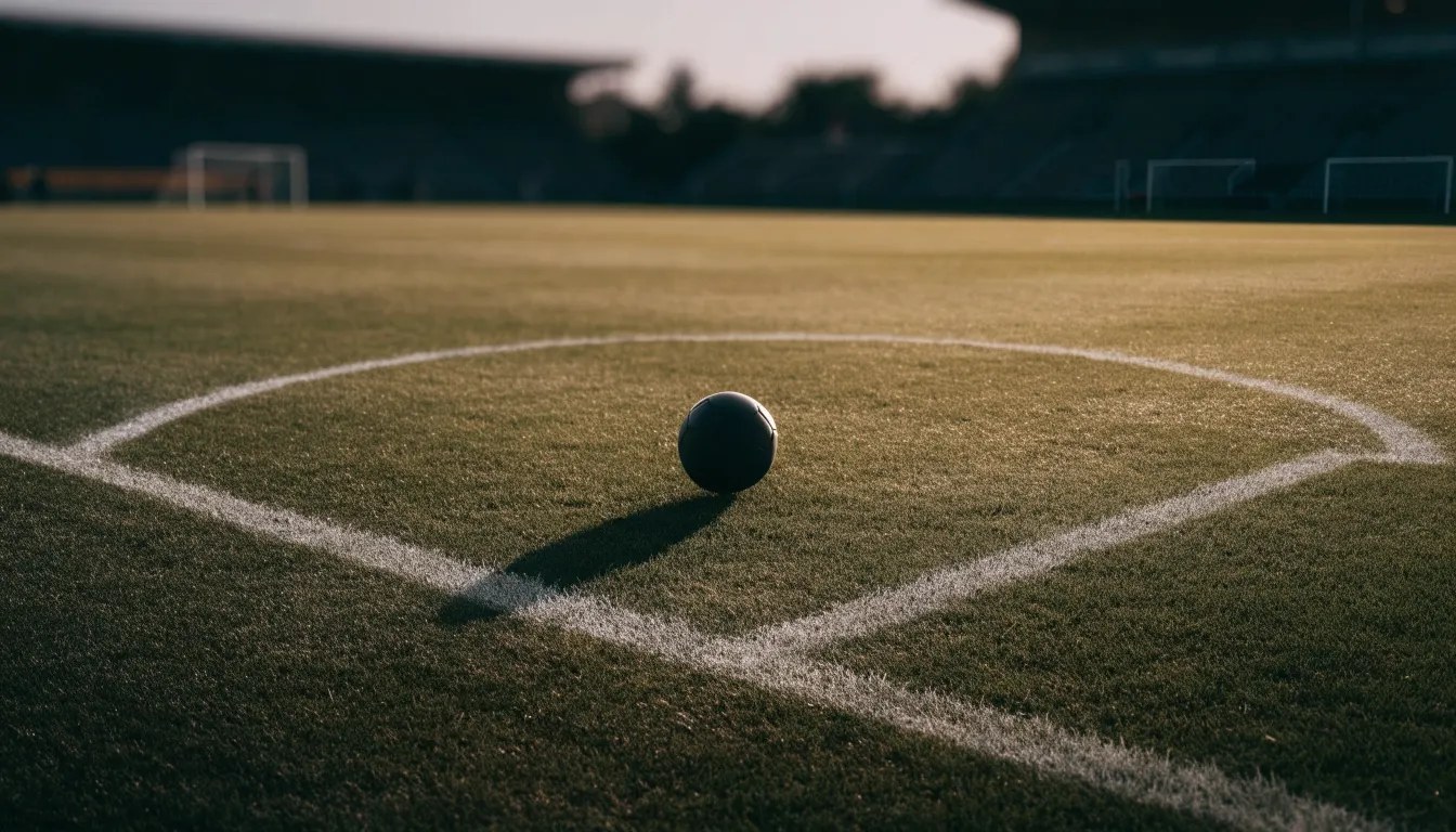 Ein Fußball liegt auf dem Elfmeterpunkt eines leeren Platzes im Abendlicht.