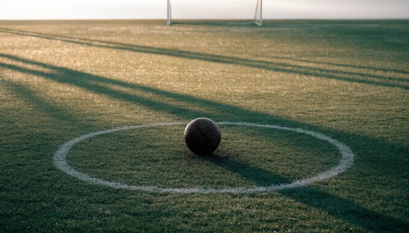 Ein Fußball auf dem Mittelkreis eines leeren Rasenplatzes im frühen Morgenlicht.