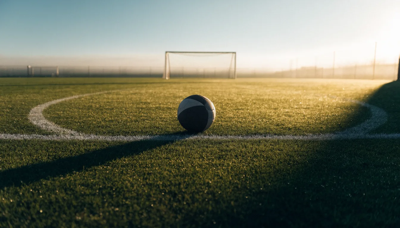 Ein Fußball liegt am Rand des Mittelkreises auf einem leeren Rasenplatz bei Sonnenaufgang.