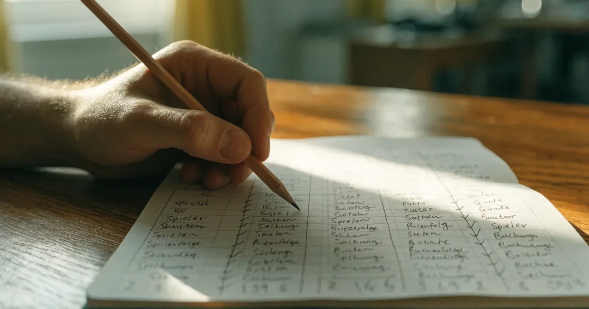 Ein Notizbuch mit handschriftlichen Kästchen und Linien liegt neben einem Bleistift und einem Taschenrechner auf einem Schreibtisch.