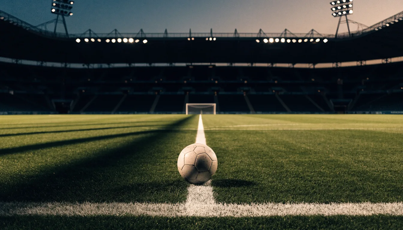 Ein Fußball liegt auf dem Anstoßpunkt eines leeren Rasenplatzes, im Hintergrund ein Stadion unter Flutlicht in der Abenddämmerung.