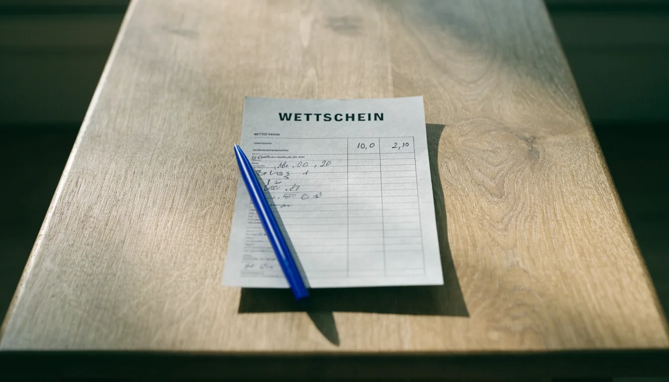 Ein leerer Wettschein aus Papier liegt neben einem Stift auf einer hölzernen Theke, weiches Licht fällt von der Seite ein.