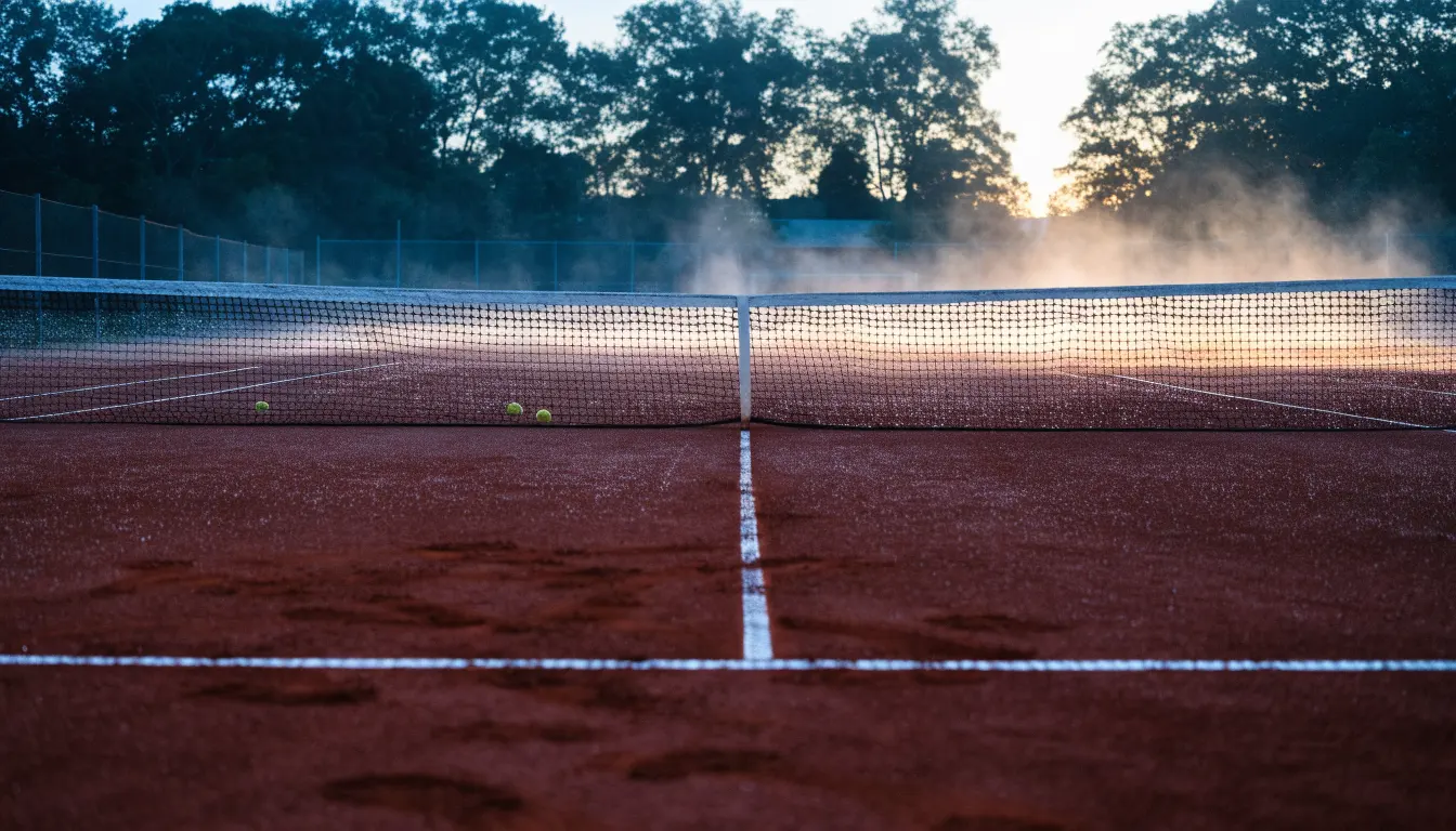 Ein Tennisplatz im Morgengrauen, das Netz und die Linien liegen im Tau, im Hintergrund leichter Nebel und kein Mensch zu sehen.