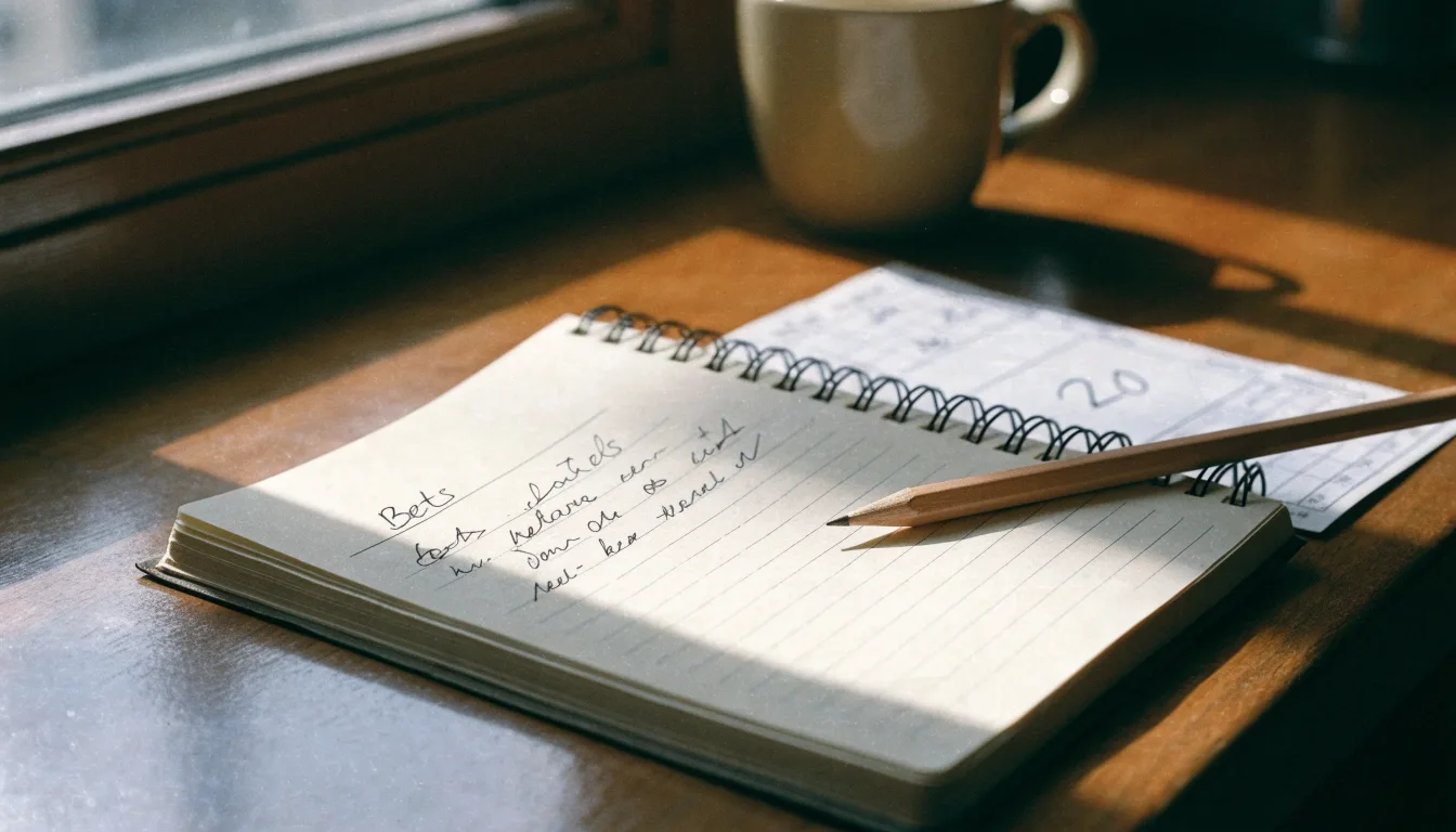 Ein Notizbuch mit handschriftlichen Notizen und ein Bleistift liegen auf einem Schreibtisch am Fenster, draußen fällt Morgenlicht herein.