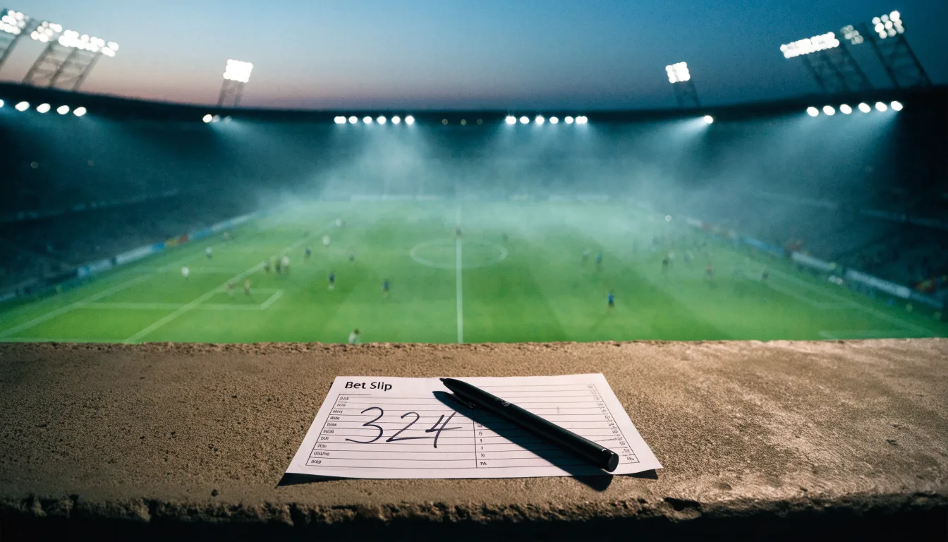 Ein Stadion unter Flutlicht, aus großer Entfernung über eine dunkle Wiese fotografiert, am Himmel zieht Nebel auf.