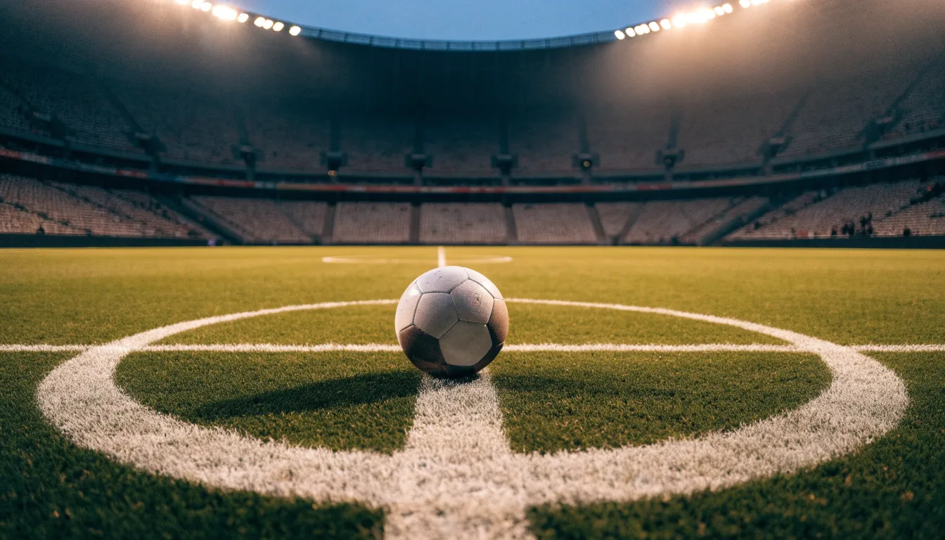 Ein Fußball liegt auf dem Anstoßpunkt eines leeren Rasenplatzes, im Hintergrund steht ein Stadion unter Flutlicht in der Dämmerung.