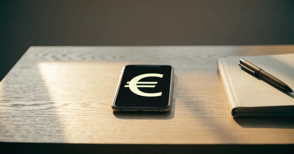 Ein Smartphone liegt neben einem Notizbuch und einem Kugelschreiber auf einem hellen Schreibtisch, das Display ist ausgeschaltet.