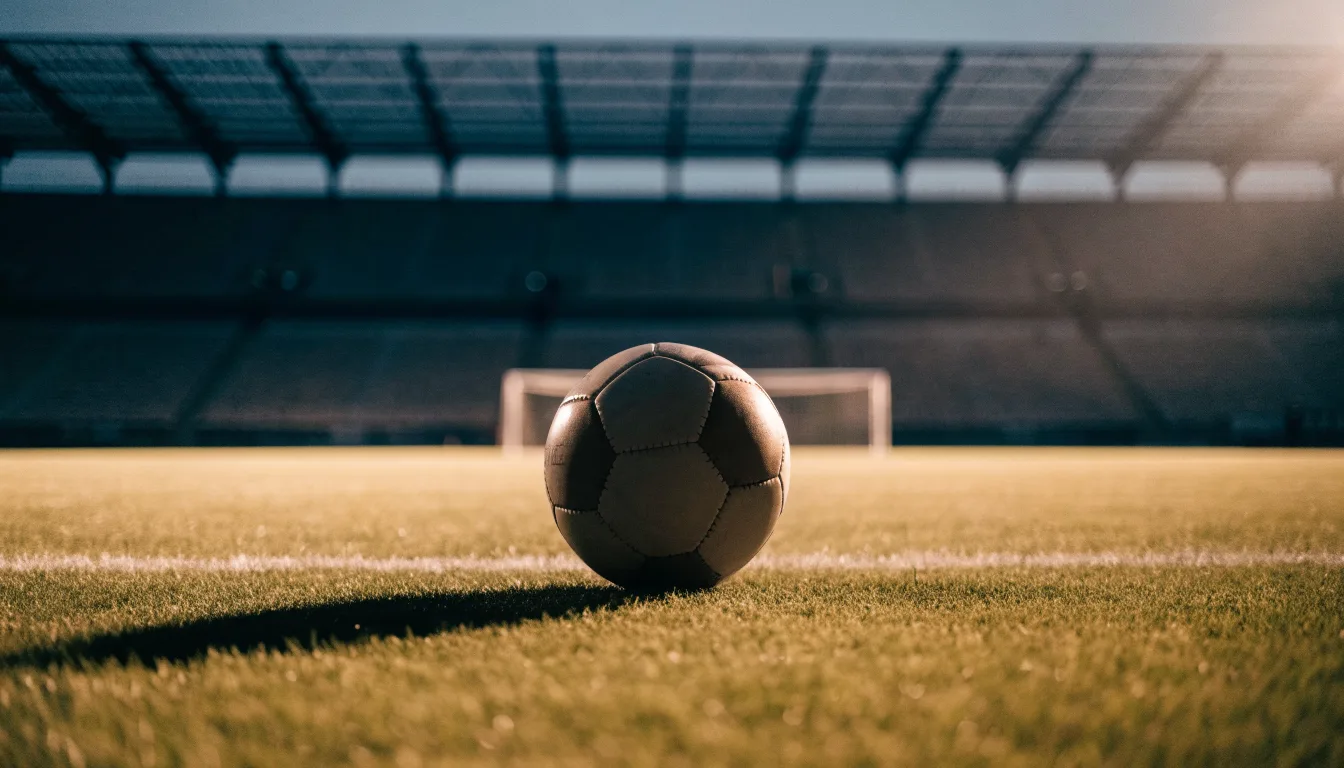 Ein Fußball liegt auf dem Rasen eines leeren Platzes, im Hintergrund ein Stadion unter Flutlicht in der Abenddämmerung.